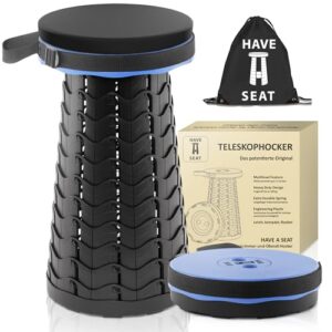 Kompakter Teleskophocker mit Kissen und Tragetasche, ideal für Camping, Angeln und Outdoor-Aktivitäten, leicht und verstellbar.