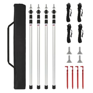 Set von vier verstellbaren Aluminium-Teleskopstangen für Zelte mit Zubehör, geeignet für Camping und Outdoor-Aktivitäten. Die Stangen haben ein Twist-Lock-System und sind in einer praktischen Aufbewahrungstasche verpackt.