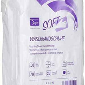 Teqler® Imprägnierte Einweg-Waschhandschuhe, 50 Stück, verpackt in transparenter Verpackung. Ideal für Hygiene und Sauberkeit im Alltag und professionellen Einsatz.
