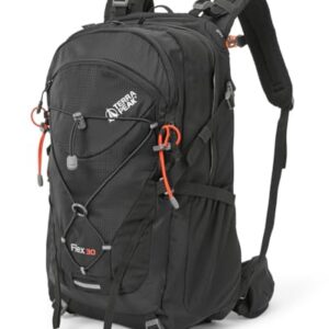 Schwarzer Terra Peak Wanderrucksack mit 30 Litern Kapazität, ergonomischem Design, gepolsterten Schultergurten und verschiedenen Fächern für Outdoor-Aktivitäten.