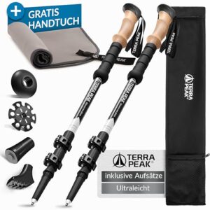 Hochwertige Terra Peak Wanderstöcke aus Aluminium, teleskopierbar, ergonomische Korkgriffe, geeignet für Damen und Herren, ideal für Trekking und Nordic Walking.