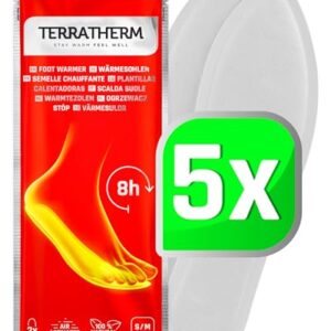 Verpackung der TerraTherm Wärmesohlen mit roten Hintergrund, zeigt 5 Paar natürliche Wärmesohlen für warme Füße, ideal für kalte Tage und Outdoor-Aktivitäten.