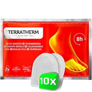 Verpackung der TerraTherm Fußwärmer-Pads mit leuchtend rotem Hintergrund. Die Verpackung zeigt eine Grafik eines Fußes mit einem Zehenwärmer und hebt die Funktionalität der selbstklebenden Wärmepads hervor.