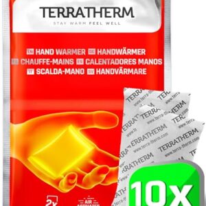 Verpackung von Handwärmern, die durch Luft aktiviert werden, für 12 Stunden warme Hände in einer roten Verpackung mit einer stilisierten Hand und natürlichen Inhaltsstoffen.