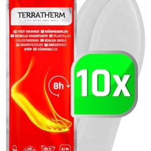 Verpackung der TerraTherm Sohlenwärmer mit 10 Paar Wärmesohlen für Schuhe, ideal für kalte Füße, mit natürlichen Inhaltsstoffen und selbstaktivierenden Wärmefunktionen.