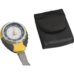 TFA Dostmann HITRAX GLOBE Höhenmesser mit analogem Display zur präzisen Höhenmessung von 0 bis 5000 Metern, inklusive schützender Ledertasche, schwarz-gelbe Farbgestaltung.