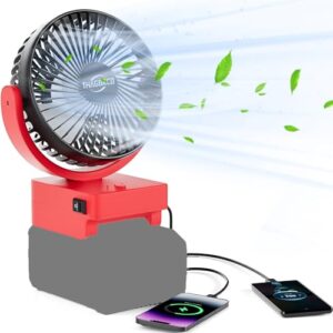 ThagBrco kabelloser Ventilator in roter Farbe, kompatibel mit Einhell 18V Akku, ideal für Camping, Werkstatt und Baustelle, bietet Luftzirkulation und USB Ladefunktion.