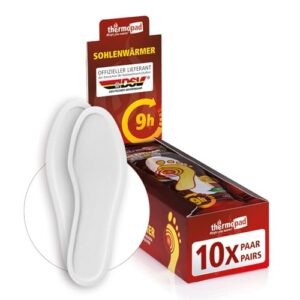 THERMOPAD Sohlenwärmer Verpackung mit bis zu 9 Stunden Wärme für kalte Füße, ideal für Outdoor-Aktivitäten und verschiedenen Schuhgrößen.