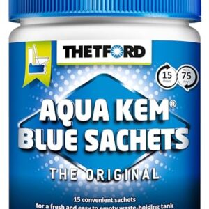 Thetford Aqua Kem Blue Sachets in einem klar strukturierten Behälter mit blauem Deckel, geeignet für die leichte Anwendung in Fäkalientanks von Wohnmobilen und Campingfahrzeugen.