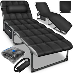 Klappbares Campingbett mit Nackenkissen und Seitentasche, ideal für Garten, Camping und Reisen. Stabiler Metallrahmen, belastbar bis 280 kg.