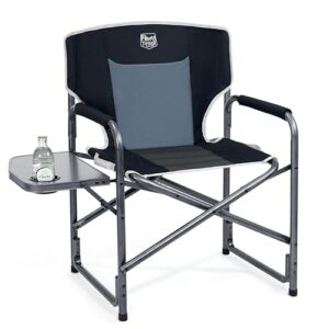 Faltbarer Campingstuhl in Silber mit atmungsaktiven schwarz-grauen Stoffbezug und seitlichem Tisch, ideal für Outdoor-Aktivitäten wie Camping und Garten.