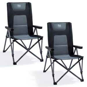 Zwei faltbare Campingstühle in Schwarz mit gepolsterter Sitzfläche und Armlehnen, geeignet für Outdoor-Aktivitäten wie Camping oder Angeln, tragfähig bis 260 kg.