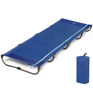 Klappliege TIMBER RIDGE mit stabilem Metallrahmen in dunkler Farbe und robuster blauer Liegefläche, ideal für Outdoor-Aktivitäten und Camping.