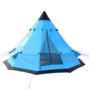 SAFACUS Tipi Zelt für 5-6 Personen in leuchtend blauer Farbe, ideal für Camping und Outdoor-Aktivitäten, zeigt funktionales Design mit durchsichtiger Netzöffnung und stabilen Abspannleinen.