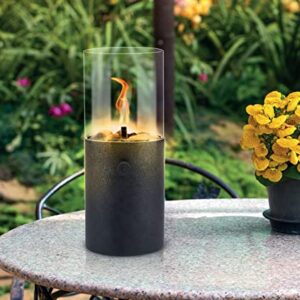 Tischgaslaterne mit zylindrischem Körper und gläsernem Schutz, umgeben von einer Gartenlandschaft mit bunten Blumen.