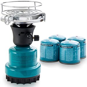 TOM Adventure Gas Campingkocher Set mit 4 Butan Gaskartuschen, 1-flammig, ideal für Outdoor-Aktivitäten wie Camping und Festivals, ausgestattet mit Piezo-Zündung.