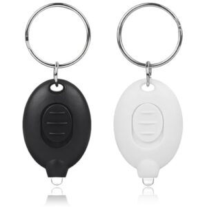 Zwei kompakte Mini Taschenlampen als Schlüsselanhänger in Schwarz und Weiß, ideal für Wandern, Camping und Notbeleuchtung. Modernes Design mit praktischem Schlüsselring.