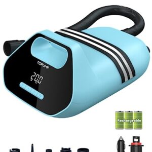 TOPUMP SUP Pumpe Elektrisch Akku TPS300 in hellblauer Farbe mit digitalem Display, ideal zum Aufpumpen von Stand Up Paddle Boards, Booten und Kajaks, inklusive vielfältiger Aufsätze für unterschiedliche Anwendungen.