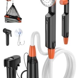 Tragbare Campingdusche mit Duschkopf, flexiblem Schlauch und Pumpe, ideal für Outdoor-Aktivitäten wie Camping, Reisen und Autowaschen.