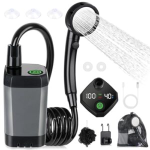 Tragbare Campingdusche mit Duschkopf, 2-Meter Schlauch und Temperaturanzeige, ideal für Outdoor-Aktivitäten wie Camping und Autowaschen.