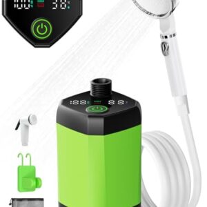 Upgrade tragbare Campingdusche mit 6000mAh Akku und Temperaturanzeige, inklusive Duschkopf und flexiblem Schlauch, ideal für Camping, Reisen und Haustierpflege.