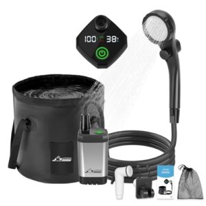 Tragbares Campingduschen-Set mit Akku, Pumpe und Duschkopf, ideal für Outdoor-Aktivitäten und Reisen.