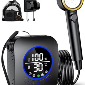 Tragbare Campingdusche mit Pumpe, 8000mAh wiederaufladbare Batterie, digitaler Leistungs- und Temperaturanzeige, flexibles Design für Outdoor-Aktivitäten.