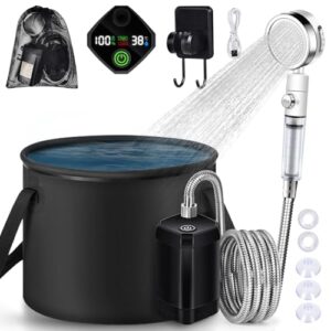 YOOHBERRYS tragbare Campingdusche mit 6000 mAh Akku, inklusive Duschkopf, flexibler Schlauch und digitaler Steuerungseinheit für Temperaturanzeige, ideal für Outdoor-Aktivitäten und Gartenarbeiten.