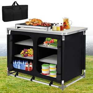 Faltbare Campingküche mit Aluminiumgestell, ideal für das Kochen im Freien, ausgestattet mit Aufbewahrungsfächern und Tragetasche, perfekt für Camping und Outdoor-Aktivitäten.