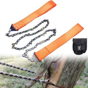 Tragbare Kettensäge mit bidirektionalen Klingen und orangefarbenen Gurten für effizientes Schneiden von Holz beim Camping und Outdoor-Aktivitäten. Kompakt und leicht, ideal für Survival und Jagd.