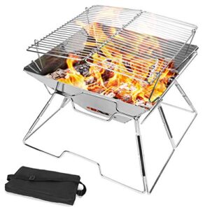 Tragbare Lagerfeuerstelle und faltbarer Campinggrill aus 304 Edelstahl mit brennenden Kohlen und stabilen Gestell für unvergessliche Grillabende im Freien.