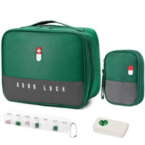 Grüne tragbare Medikamententasche im Set mit zwei Tablettenboxen, ideal für die Aufbewahrung und Organisation von Medikamenten für Reisen, Schule und Camping.