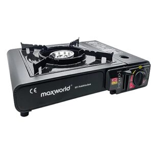 All-in-One Campingkocher für Outdoor-Aktivitäten mit braunem Gehäuse, quadratischer Form, stabiler Brennerplatte und sicherem Bedienfeld für einfaches Kochen unterwegs.