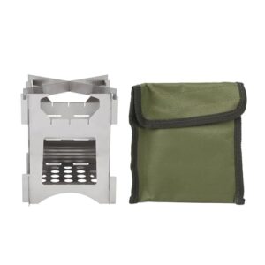 Kompakter tragbarer Edelstahl Holzofen für Camping, Wandern und Picknicks, zusammen mit einer grünen Tragetasche, ideal für Outdoor-Aktivitäten.