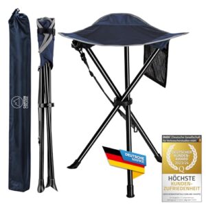 Tragbarer faltbarer Camping-Hocker Dreibein-Hocker in dunklem Blau mit ergonomischem Sitzkissen, ideal für Outdoor-Aktivitäten wie Camping und Angeln.