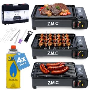 ZMC 2-in-1 tragbarer Gaskocher und Gasgrill mit Grillzubehör, ideal für Camping und Outdoor-Aktivitäten, zeigt appetitlich gegrillte Speisen wie Steaks, Spieße und Würstchen auf einem kompakten Grill.
