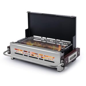 CHANGEMOORE Tragbarer Klappgrill mit 46 cm Durchmesser, aus Edelstahl, ideal für Camping, Picknick und Grillen im Freien, gezeigt mit hochgeklapptem Deckel und Grillenden.