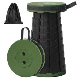 GeeRic Tragbarer Klapphocker in Olivgrün, ideal für Camping, Wandern und Outdoor-Aktivitäten, zeigt eine kompakte Bauweise und Höhenverstellbarkeit bis 45 cm.