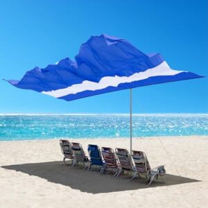 Tenrai Tragbarer Strandschirm für 6 Personen in einer sonnigen Strandlandschaft, bietet optimalen Sonnenschutz und 360-Grad-Panoramablick, ideal für entspannte Tage am Strand.