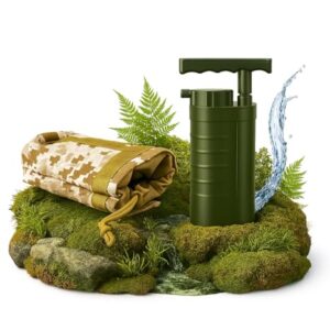 Tragbarer Wasserfilter Aqua Pury Porti, der auf einer moosbedeckten Fläche steht und effektive Trinkwasseraufbereitung für Outdoor-Abenteuer und Krisenvorsorge zeigt.