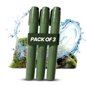 Tragbarer Wasserfilter Outdoor in grün, entfernt 99,9999% Bakterien und Viren, ideal für Camping und Wandern, kompaktes Design für sauberes Trinkwasser.