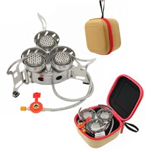 KKPLZZ Tragbarer winddichter Campingkocher mit drei Brennern und Adapter-Konverter in einer beige Hartschalenaufbewahrungstasche, ideal für Outdoor-Aktivitäten wie Camping und Picknick.