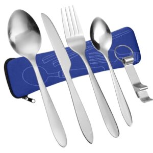 Vicloon tragbares Besteckset aus Edelstahl mit Gabel, Löffel, Messer, Flaschenöffner und Aufbewahrungstasche für Camping, Reisen und Picknicks in Dunkelblau.