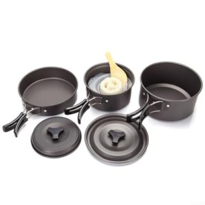 Tragbares Camping-Kochgeschirr-Set aus Aluminiumlegierung, bestehend aus Töpfen, Pfannen, Schüsseln und Utensilien für 2-3 Personen, ideal für Outdoor-Aktivitäten wie Wandern und Picknicken.