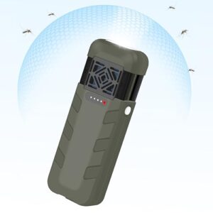 Tragbares Elektro-Mückenschutzmittel in mattem Olivgrün mit LED-Anzeigen für Camping und Outdoor-Aktivitäten, geeignet zur Abwehr von Mücken und anderen Insekten.
