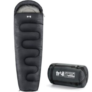 Trail 1-Personen Schlafsack für Erwachsene in Anthrazit mit ergonomischer Form, wasserresistenter Außenseite und Innentaschen, ideal für Camping im Freien in Frühling, Herbst und Winter.