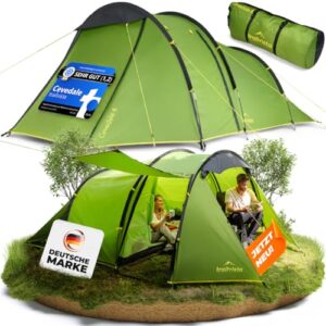 Wasserdichtes Tunnelzelt für 2 bis 4 Personen in natürlicher Umgebung, ideal für Camping und Outdoor-Aktivitäten. Entspanntes Paar im Zelt, das Komfort und Abenteuer verkörpert.