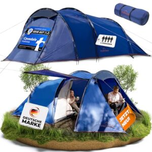 trailvista Cevedale Zelt für 2 und 4 Personen in Naturumgebung – aufgestellt mit geöffnetem Eingang und entspannenden Personen im Inneren, umgeben von grüner Wiese.