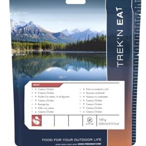 Verpackung des TREK'N EAT Creamy Chicken, einer gefriergetrockneten Outdoor-Mahlzeit, die eine nahrhafte Kombination aus cremigem Hähnchen und natürlichen Zutaten bietet, ideal für Wanderer und Camper.