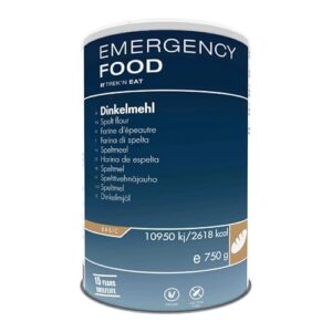 TREK'N EAT Emergency Food Dinkelmehl in einer blauen Konservendose mit mehrsprachiger Beschriftung und Informationen über Nährwerte und Haltbarkeit